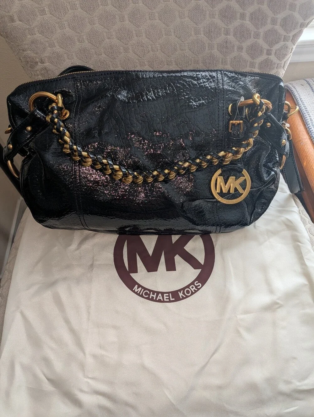 Michael Kors Black Patent Shoulder Bag with Gold Chain Accents